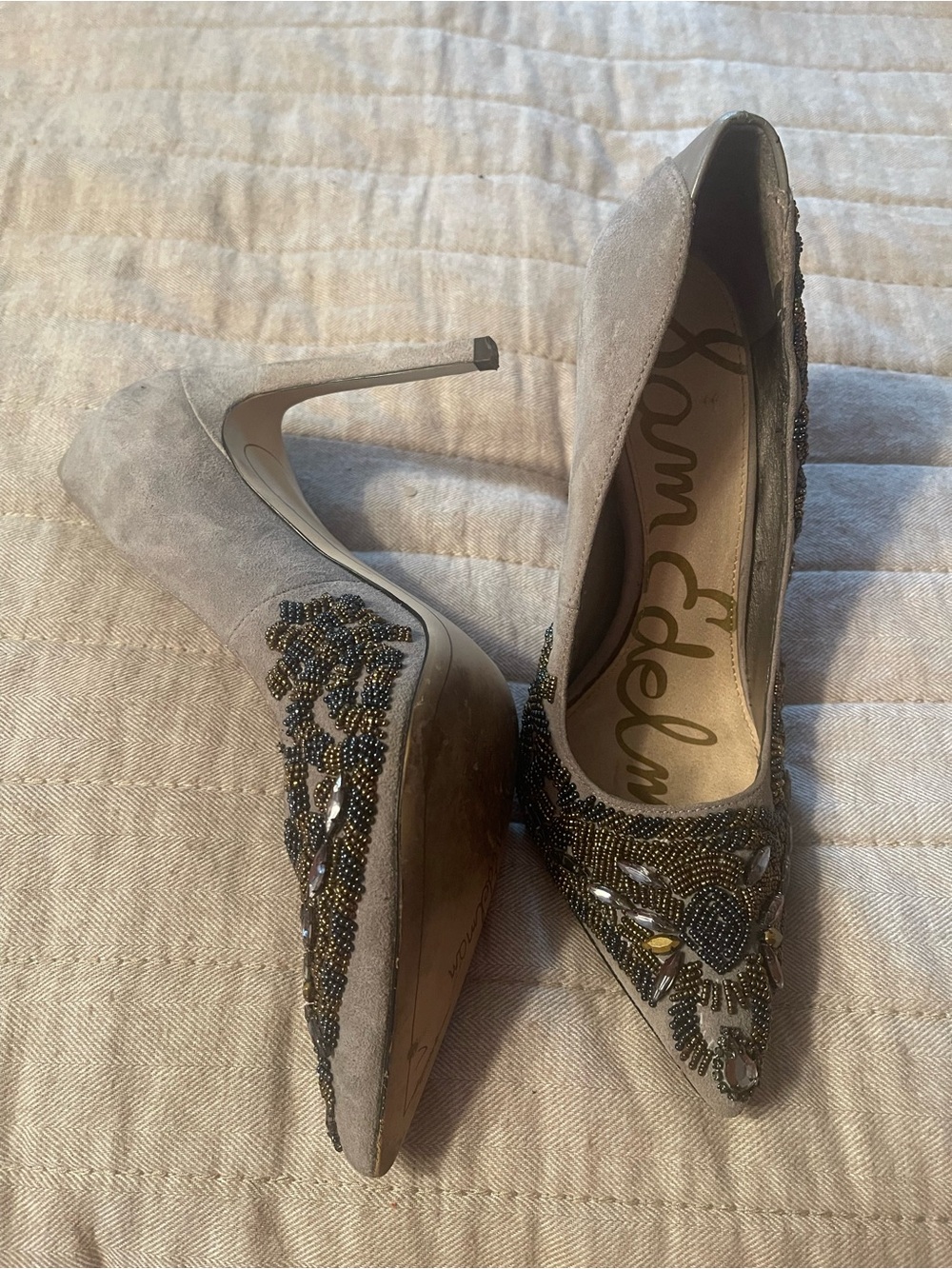 Sam Edelman Embellished Taupe Beaded Pointed-Toe Heels - Picture 2 of 3